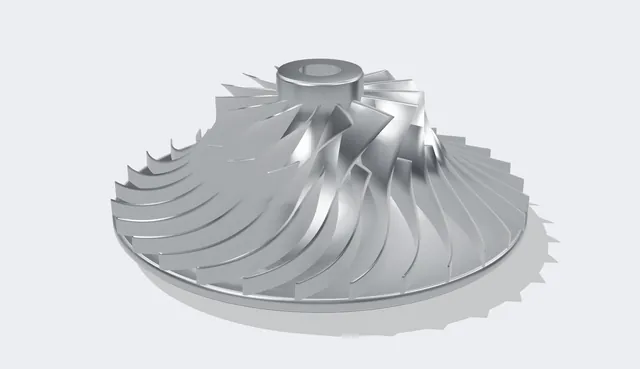 Titanium centrifugal compressor impeller with 15 full and 15 splitter blades and 50 degree exit backsweep, modelled on the published NASA CC3 design parameters